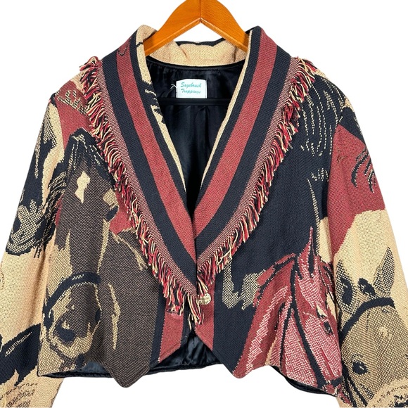 VINTAGE Cropped Horse Print Fringed Throw Blanket Western Jacket - Picture 5 of 14